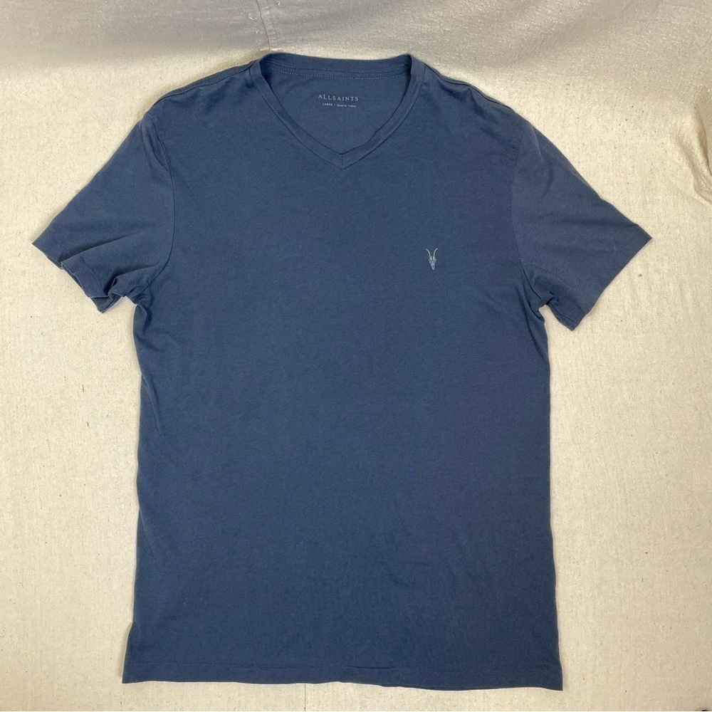 ALL SAINTS Tonic Cotton Short Sleeve V Neck Slim fit T Shirt Workers Blue Size L